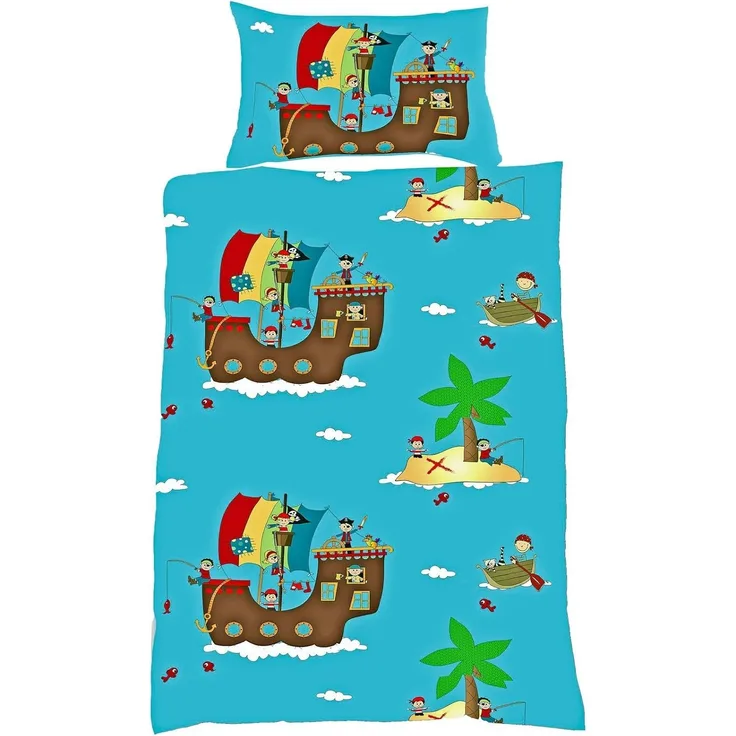 JACK Babybettwäsche 100x135cm Piratenschiff Pirat Schatz Fleuresse, Biber, 2 teilig, Babybettwäsche für kleine Piraten und Abenteurer