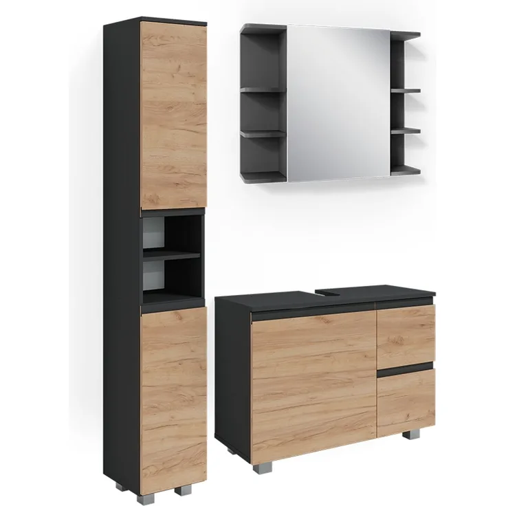 Badmöbel-Set J-Shape Grau 3 Teile, mit Hochschrank Vicco