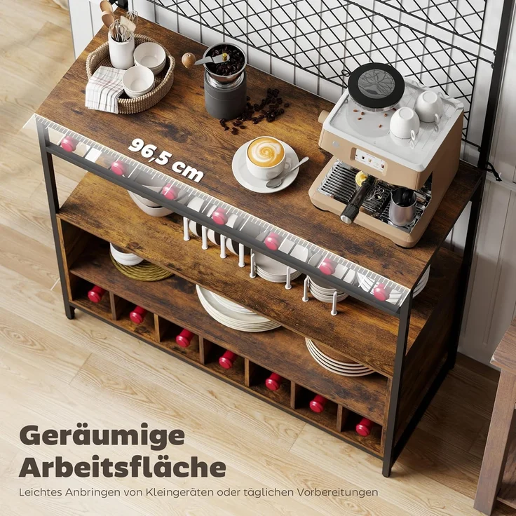 HOMCOM Küchenregal, Standregal mit 5 S-Haken, 2 Ablagen, Metallgitterpaneele, Kaffeebar mit Weinregal, Bäckerregal aus Metallrahmen, Rustikal-Braun, 96,5 x 38 x 165 cm – Bild 4