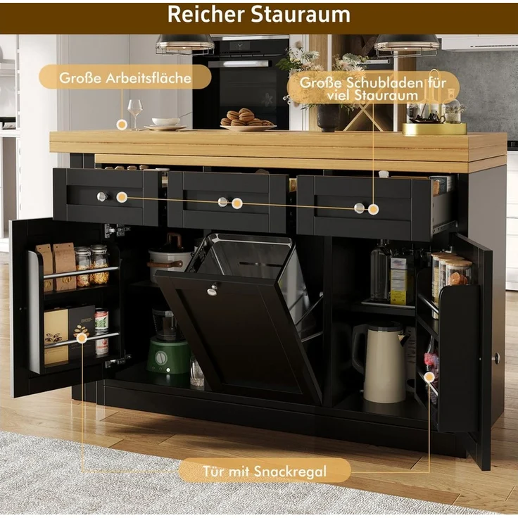 MODFU Bartisch Kücheninsel, Reversibel Tisch (mit Stauraum, Klappbarer Esstisch mit Schublade & Snackablage, herausziehbarer Mülleimerhalter (Eimer nicht enthalten), 1-St, 120-200cm) – Bild 4