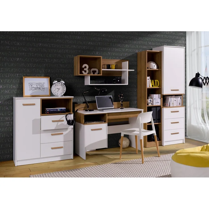 Marmex Möbel Grant Set-01B Jugendzimmer Komplett-Set 5-teilig mit Kommode, Schreibtisch, offenes Regal, geschlossenes Regal, Kinderzimmermöbel mit Schreibtisch, laminierte Spanplatte, weiß+riviera Eiche, 286x195x55 cm – Bild 1