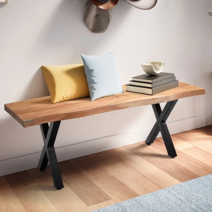 Garderobenbank 120x40x45,5cm Akazie Massivholz Baumkante X-Beine Schwarz Modern