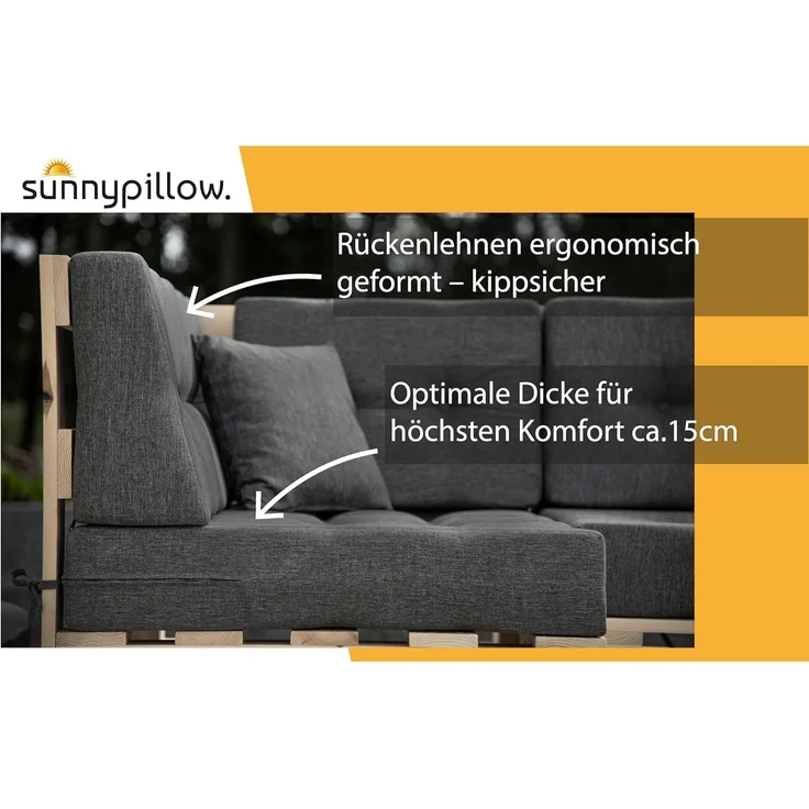 sunnypillow Palettenkissen UV - beständig Outdoor/Indoor Palettenauflage Palettenpolster Palettensofa Sitzkissen Rückenlehne gesteppt Sitzkissen 120 x 60 x 15 cm Silver – Bild 4