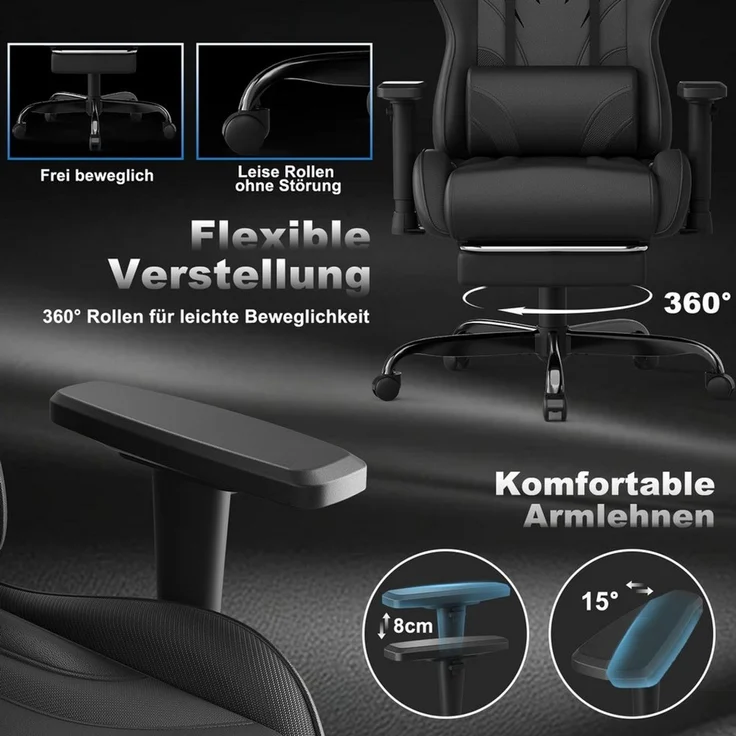 HOMALL Gaming-Stuhl Massage Gaming Stuhl mit Fußstütze 90-135° Rückenlehne einstellbar (Bürostuhl Ergonomisch,Verstellbarem Lenden- & Kopfkissen,mit Fußstütze), Ergonomischer Bürostuhl,Kopfstütze und Lendenstütze – Bild 3