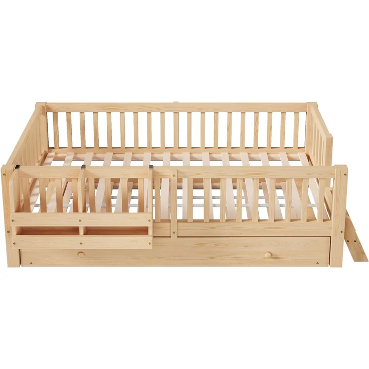 ZUBALIYA Holzbett 90 x 200 cm – Ausziehbett, flexible Montage, Geländer, MDF, Kiefer, Holzfarbe – Bild 15