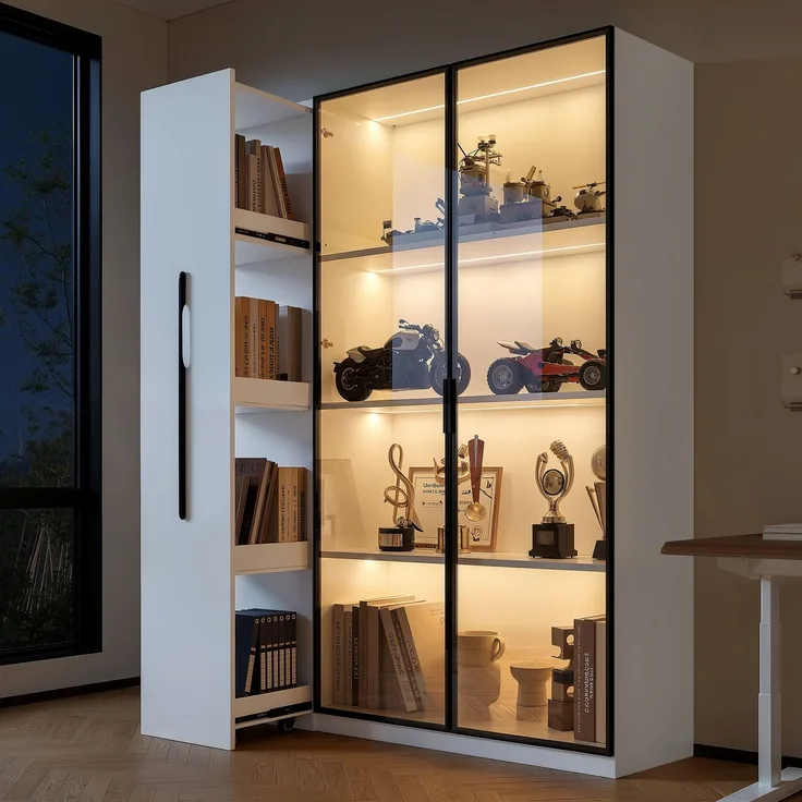 Multifunktionsschrank 110,5×35×160 cm - Vitrine mit Glastür und LED, Seitenauszug, Rollschrank – Hochschrank im französischen Stil, Bücherregal,Vitrine, Badezimmerschrank, Esszimmerschrank--Weiß--170.99x50.5x10.01cm--YOUDENOVA