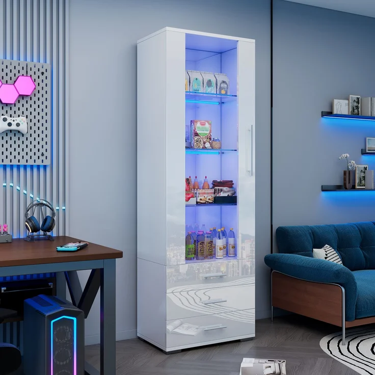 Weiße Hochglanzvitrine, Vitrine Glasvitrine , Standvitrine mit LED-Beleuchtung, Vertikale Vitrine mit 3 Schubladen, 60*35*180cm--Weiß--60x35x180cm--YOUDENOVA – Bild 4