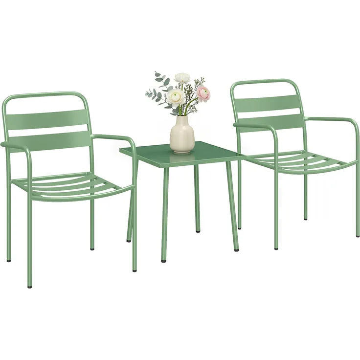 3-teiliges Garten-Bistro-Set – Couchtisch aus Hartglas und 2 Stühle mit Lattenbeinen, Gestell aus verzinktem Stahl, grün