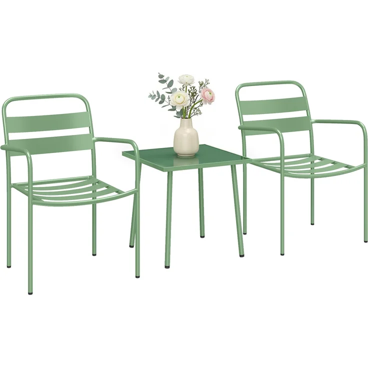 3-teiliges Garten-Bistro-Set – Couchtisch aus Hartglas und 2 Stühle mit Lattenbeinen, Gestell aus verzinktem Stahl, grün – Bild 1