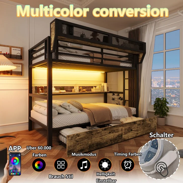 Etagenbett, 90 x 200 cm, Eisenbett, Ablagebord, Aufbewahrungskorb, 2 Eisenschubladen, LED-Licht,ohne Matratze, Schwarz – Bild 5