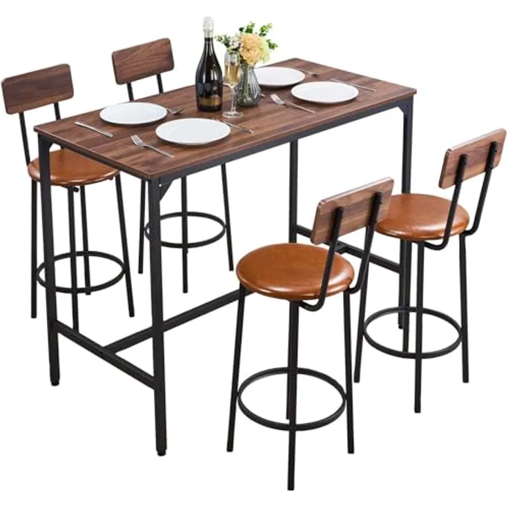 VEVOR Bartisch-Set (5-TLG.) mit 4 Barstühlen & abgerundeten Kanten, rechteckiger Kneipentisch Stehtisch (1200 x 600 x 915 mm), Bistrotisch Esstisch, geeignet für Büro Minibar Esszimmer Wohnzimmer