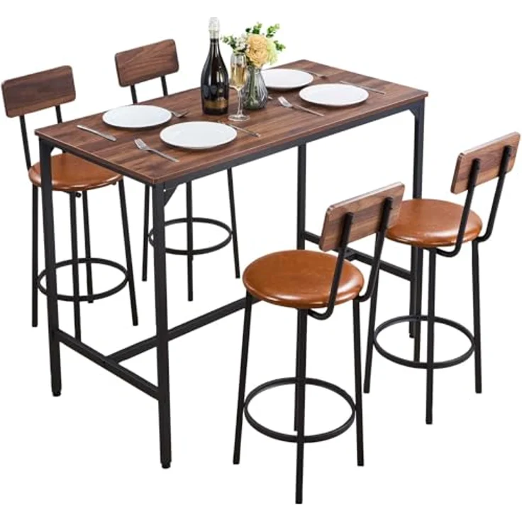 VEVOR Bartisch-Set (5-TLG.) mit 4 Barstühlen & abgerundeten Kanten, rechteckiger Kneipentisch Stehtisch (1200 x 600 x 915 mm), Bistrotisch Esstisch, geeignet für Büro Minibar Esszimmer Wohnzimmer – Bild 1