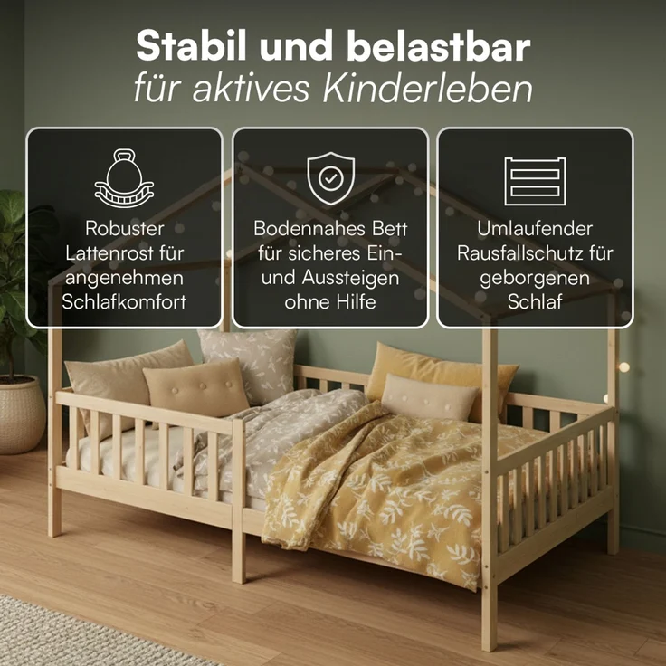 Bellabino 'Bia' Hausbett 120x200 cm mit Matratze, natur, Kiefer Massivholz, Montessori Kinderbett mit Rausfallschutz und Lattenrost – Bild 4