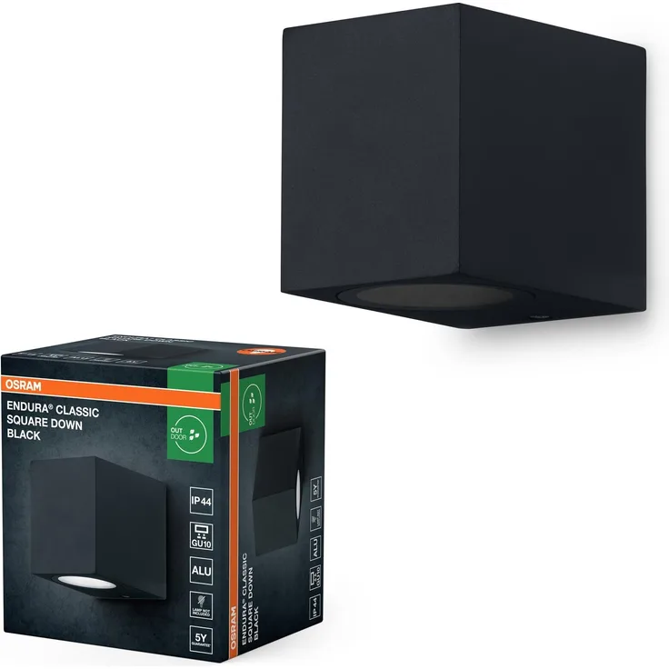 Osram ENDURA Classic Square Down Außen-Wandleuchte, schwarz, GU10-Sockel (max 35W), kann mit einfacher oder smarter Lampe bestückt werden, Down oder Up/Down Leuchtenvariante, Schutzklasse IP44