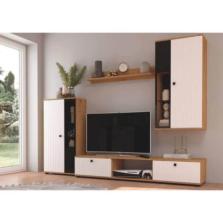 Wohnwand Salsa 2 Lamellenoptik Anbauwand Schrankwand MDF Weiss + Eiche Artisan