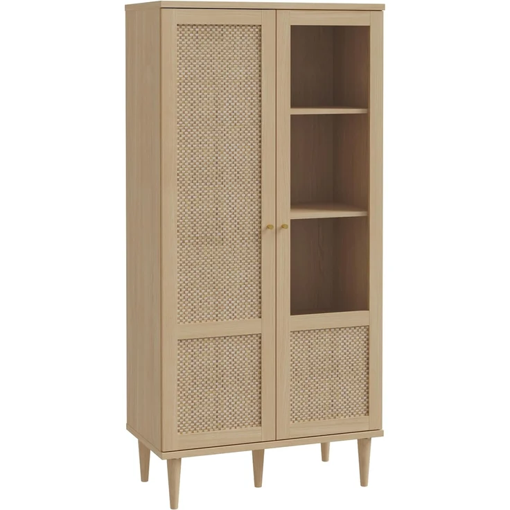 Forte CALASETTA Vitrine 80, Boho-Vitrinenschrank mit Rattangeflecht, 2-türig, Holzwerkstoff, Elegancia Eiche | Technorattan, 80,1 cm breit x 166,6 cm hoch x 41,4 cm tief – Bild 5