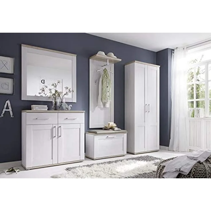 moebel-dich-auf Garderoben-Set ELEGANCE, (Komplett-Set, 5-St, Spiegel + Schuhkommode + Paneel + Bank + Hochschrank), im Landhausstil