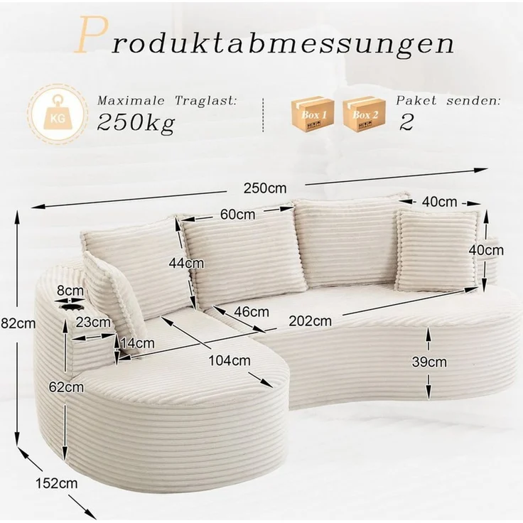 Celya Sofa Bogesofa Cord mit Becherhalter und Stauraum, mit Becherhalter und Stautasche. Inkl. Kissen – Bild 2