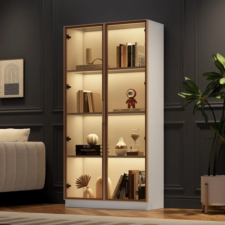 Glasvitrine mit LED-Beleuchtung, doppeltürige Vitrine mit beweglichen Einlegeböden, 80*40*160cm,Hochschrank für Wohnzimmer, Standvitrine,Badezimmerschrank--Weiß--80x40x160cm--YOUDENOVA – Bild 4