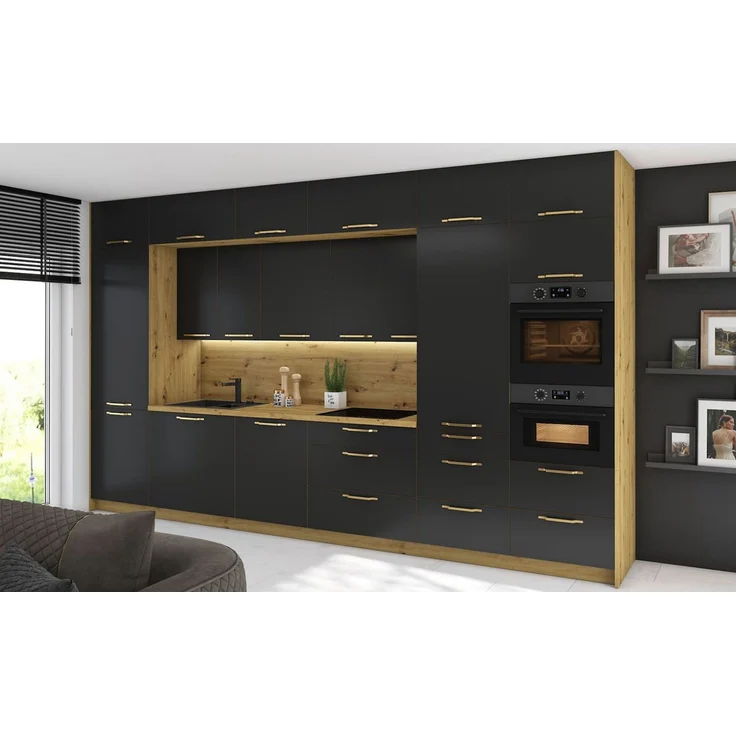 Küchenzeile Bonn Einbauküche 404cm Teilauszug eiche artisan Front schwarz matt – Bild 1