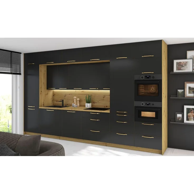Küchenzeile Bonn Einbauküche 404cm Teilauszug eiche artisan Front schwarz matt