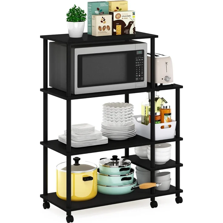 Furinno Turn-N-Tube 4-stufiger, werkzeugloser Küchenregalwagen mit breitem Lagerregal, Americano/Schwarz