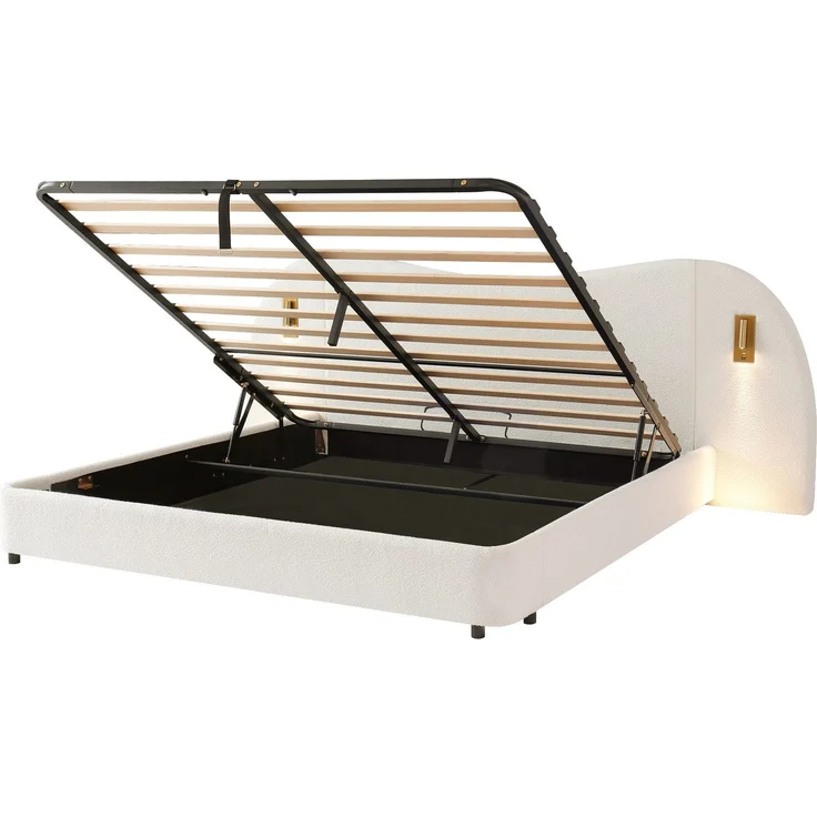 Polsterbett mit LED-Beleuchtung, extra breites Kopfteil mit Spots und USB Anschlüssen, 180x200 cm, gepolsterter Kopfteil, Doppelbett, Frottee – Bild 8