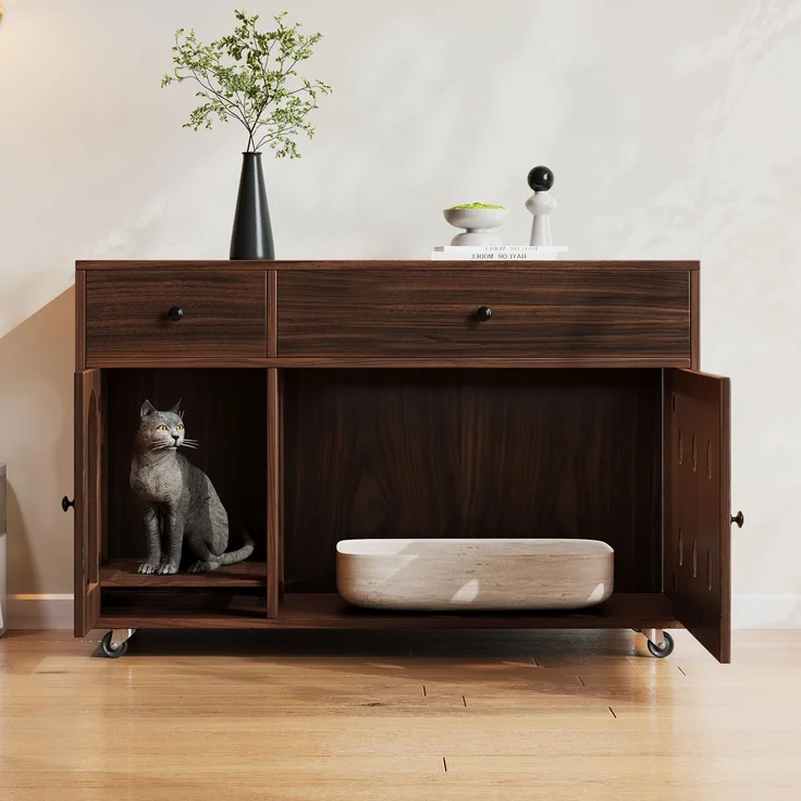 Katzenstreukasten-Schrank mit Sandfangplatte, Doppel-Schubladen, Lüftungslöchern, leise Rollen,verstecktes Katzenklo,Walnuss – Bild 3