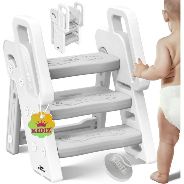 KIDIZ® Tritthocker für Kinder Trittleiter Klappbar mit 3 Stufen | Faltbarer Lern-Turm ab 18 Monaten bis 6 Jahren | Robust | Sicherer & Stabiler Trittschemel | Höhenverstellbar Rutschfest Weiß / Hellgrau – Bild 5