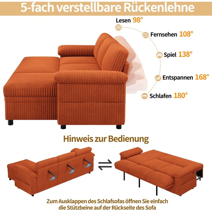 3-Sitzer L-förmiges Ecksofa 212 x 150 x 89 cm mit Schlaffunktion und Stauraum – Bild 8
