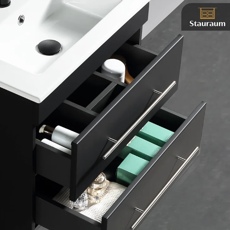 Alpenberger Badmöbel-Set Waschbecken mit Unterschrank - Waschbeckenunterschrank mit Schubladen, (Waschtisch mit Waschbecken 60cm breit, Waschbeckenschrank Hängend), Badezimmerschrank Schwarz Matt 60 cm Breit – Bild 5