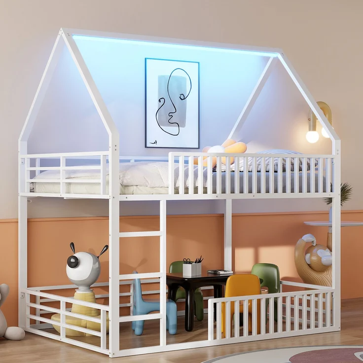 U-life Haus-Etagenbett 140x200 cm mit Sicherheitszaun, LED-Beleuchtung und 2 Lattenrosten, Weiß – Bild 3