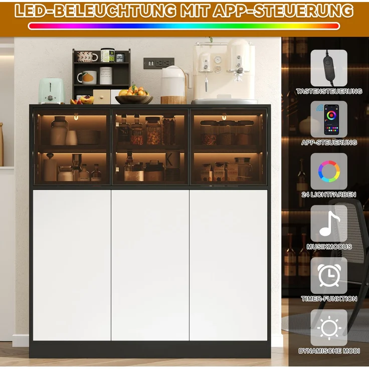 DESVIAE Sideboard mit LED-Beleuchtung und 6 Türen 100x105x40 cm Spanplatte Glas Schwarz Weiß – Bild 4