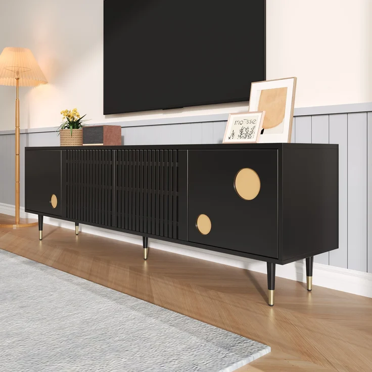 TV-Schrank aus MDF mit 4 Türen & Kabelmanagement, 170x36x54 cm, Schwarz – Bild 2