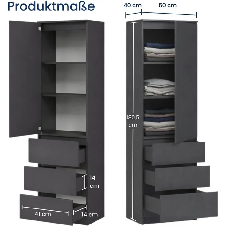 Home Collective Kleiderschrank Garderobenschrank Mehrzweckschrank Schrank platzsparend & vielseitig (50x40x180,5 cm (BxTxH), ideal für Schlafzimmer Flur & Arbeitszimmer) mit 1 Tür 3 Einlegeböden & 3 Schubladen in anthrazit – Bild 1