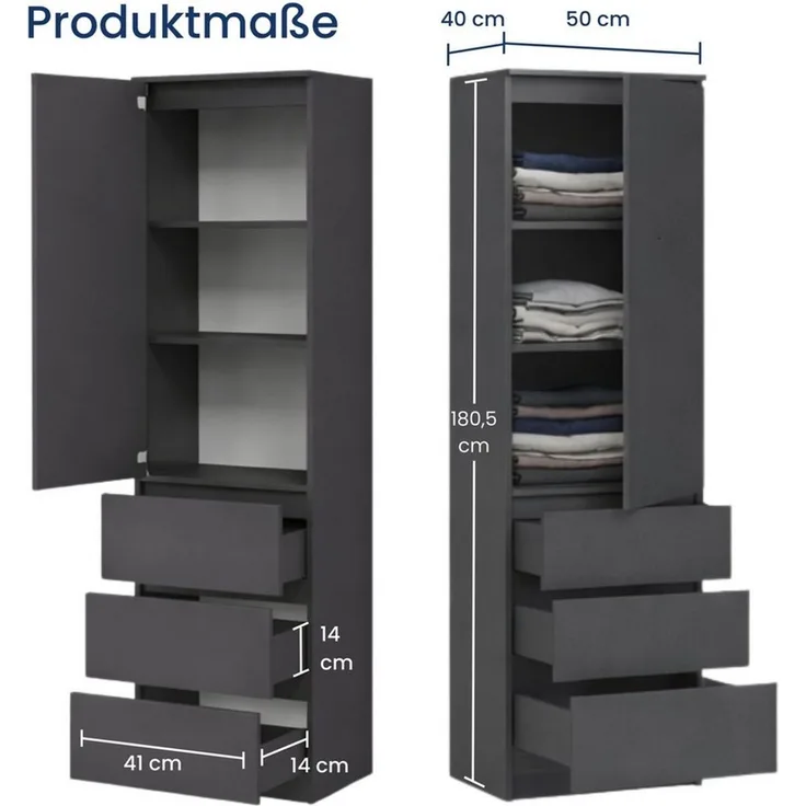 Home Collective Kleiderschrank Garderobenschrank Mehrzweckschrank Schrank platzsparend & vielseitig (50x40x180,5 cm (BxTxH), ideal für Schlafzimmer Flur & Arbeitszimmer) mit 1 Tür 3 Einlegeböden & 3 Schubladen in anthrazit