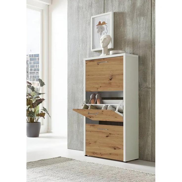 BMG Möbel Schuhkipper Siena (Schuhschrank Schuhregal Schrank Garderobe, 3 Klappen), Metallgriffe, 18 Paar Schuhe