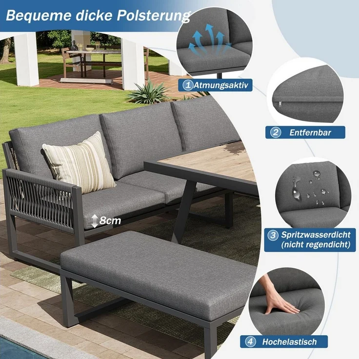 HAUSS SPOLE Gartenlounge-Set Outdoor Sofa Set 6 Sitzer Geflochtenes Seil Pflegeleichte Kissen Tisch, (Gartenmöbel Set Outdoor mit großem Esstisch), Hochwertigen Sitzkissen & Rückenkissen – Bild 3
