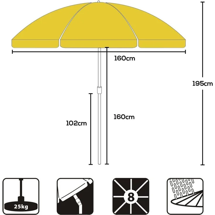 Sekey Sonnenschirm mit Schutzhülle, Neigungswinkel und Höhe verstellbar, Polyester gelb, 160 cm – Bild 3