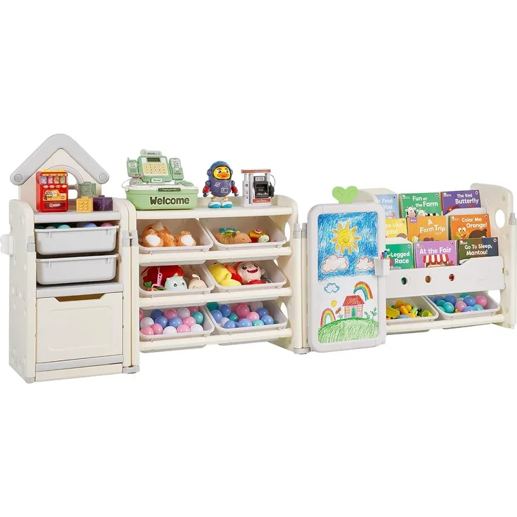 VEVOR Spielzeugaufbewahrung Bücherregal Spielzeugregal HDPE, 4-stöckige multifunktionale Ablage mit 10 flexiblen Kunststoffbehältern & Zeichenbrett, für Schlafzimmer Klassenzimmer (Grau + Beige)