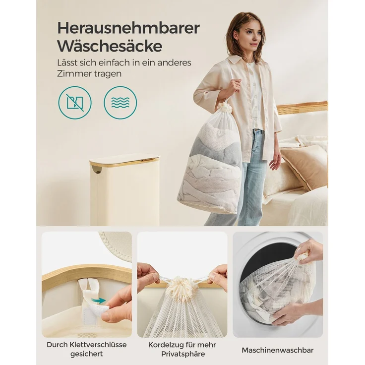SONGMICS Wäschekorb mit Deckel und herausnehmbarem Wäschesack, zusammenklappbar, Bambus / Oxford-Gewebe cremeweiß, 65 l – Bild 2