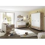 Babyzimmer Ronny in Old Style hell- Weiß 6 teiliges Megaset mit Kleiderschrank, Kinderbett Babybett mit Lattenrost und Umbauseiten, Wickelkommode und Wandregal - Kinderzimmer komplett Set von Begabino - MD110797