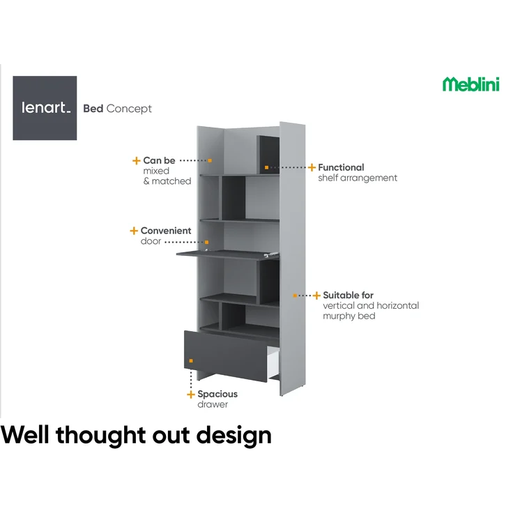 MEBLINI Schrank für Schrankbett Bed Concept - Hochschrank mit Regalen, Fächern und Schublade - BC-22 - Grau/Graphit – Bild 4