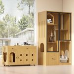 Merax Katzenvilla + Katzentoilette-Schrank, Haustiermöbel-Set, Glas-Katzenhaus, Katzenstreu-Schrank, für mehrere Katzen geeignetes Möbel, Gelbe Ahornholzfarbe