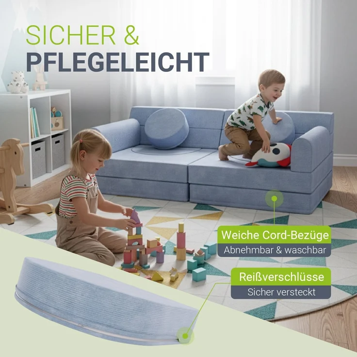 Juskys Kindersofa Kayo –Cord, modular & weich, Sofa für Kinderzimmer & Spielzimmer, sicher, flexibel, pflegeleicht, mit abnehmbaren Bezügen – Hellblau – Bild 3