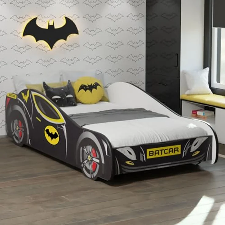 Kids Collective Autobett 70x140, 80x160 cm Kinderbett Jugendbett mit Rausfallschutz (Spielbett Batman Batmobil Bat Car Auto), Bett in schwarz Kinderbett 80 x 160 cm optional mit Matratze – Bild 2