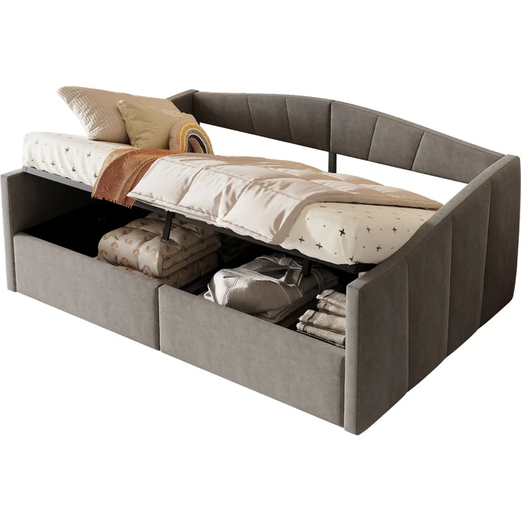 Polsterbett-Sofabett mit hydraulischem Stauraum, Lattenrost und Armlehnen, klassisches Streifendesign, vielseitiges Doppelbett, Samtstoff, 140×200 cm – Bild 8