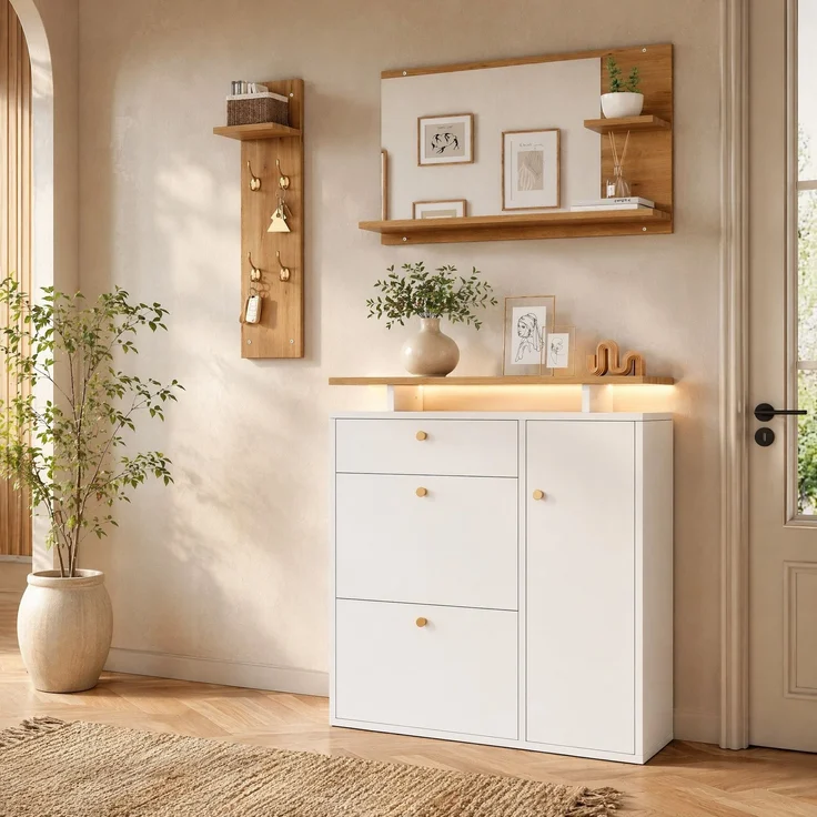 DESVIAE Garderobenschrank 3-tlg. mit LED-Beleuchtung und Spiegel 105x151,5x25 cm Spanplatte Weiß – Bild 2
