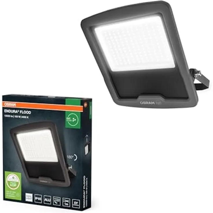 Osram ENDURA FLOOD PC 100W LED-Fluter, 4000K kaltweiß, 12000 Lumen, IP65 Flutlicht, recyceltes Aluminium, 120 lm/W Effizienz, Grau, 230V