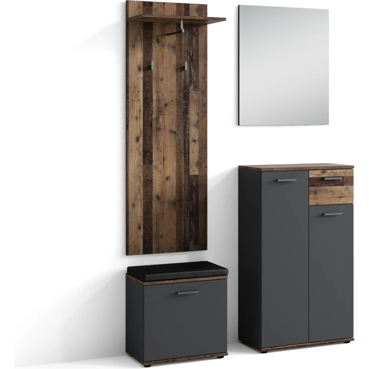 byLIVING Garderoben-Set Jakob/Flur Garderoben mit Spiegel/viel Stauraum / 4-teilig/Spiegel/Schuhkommode/Wandpaneel/Sitzbank (Old-Wood-Optik/Anthrazit)